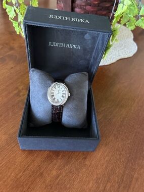 Judith Ripka Oval Dress Watch Brown Croc Leather Strap Silver Tone Roman Numeral